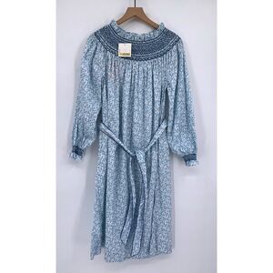 Dondolo Dress Womens XS/Small Blue Floral Smocked Belted Cotton Midi NEW